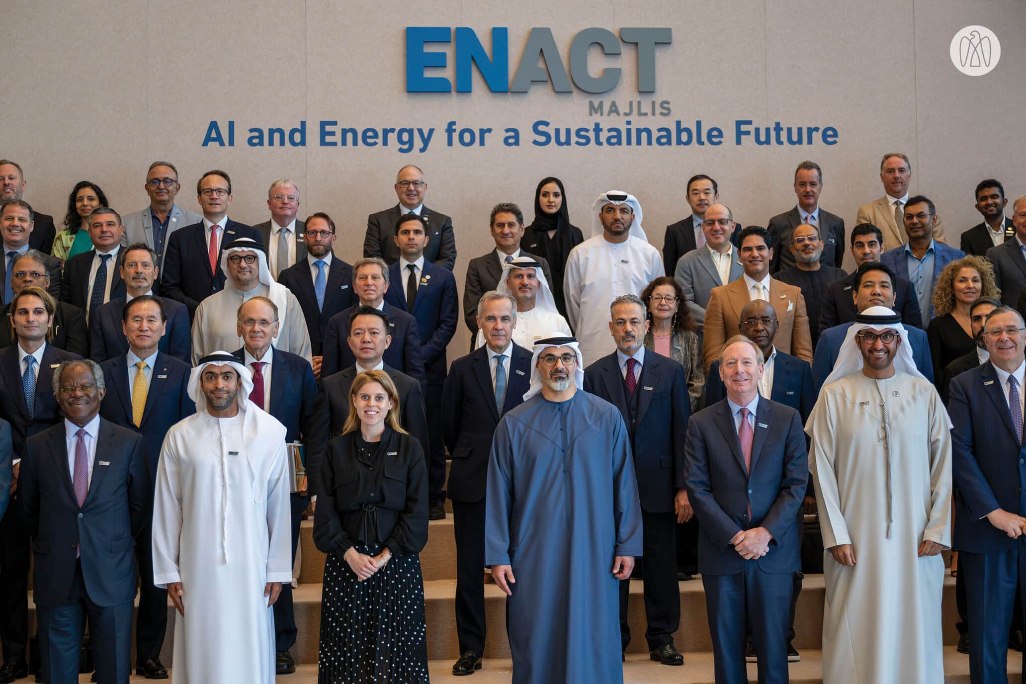 Picture of attendees of ENACT Majlis, held before ADIPEC 2024. Hosted by His Highness Sheikh Khaled bin Mohamed bin Zayed Al Nahyan. Attendees included Her Royal Highness Princess Beatrice, Founder of BY-EQ; Dr. Sultan Ahmed Al Jaber, UAE Minister of Industry and Advanced Technology, and ADNOC Managing Director and Group CEO; Wael Sawan, CEO of Shell; Murray Auchincloss, CEO of BP; Brad Smith, Vice Chair and President of Microsoft; Matroid’s CEO, Reza Zadeh.